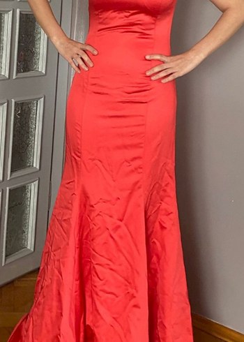 Nar çiçeği parlak saten TaşBoncuk işlemeli 38 beden abiye elbise - Görsel 2