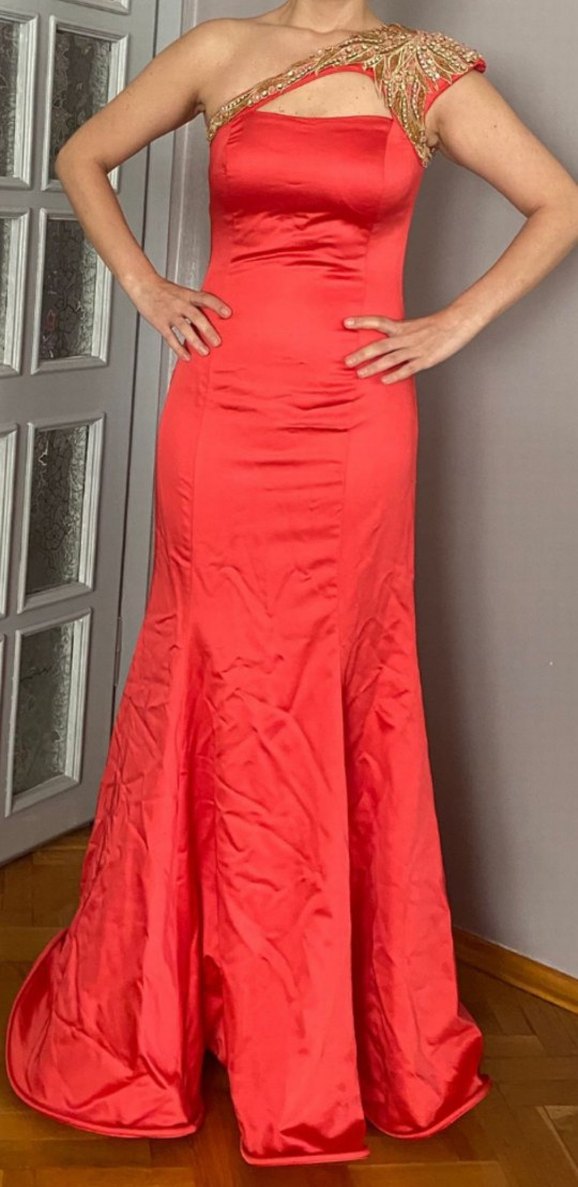 Nar çiçeği parlak saten TaşBoncuk işlemeli 38 beden abiye elbise - Görsel 2