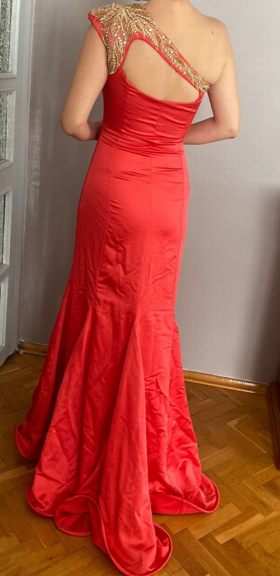 Nar çiçeği parlak saten TaşBoncuk işlemeli 38 beden abiye elbise - Görsel 5