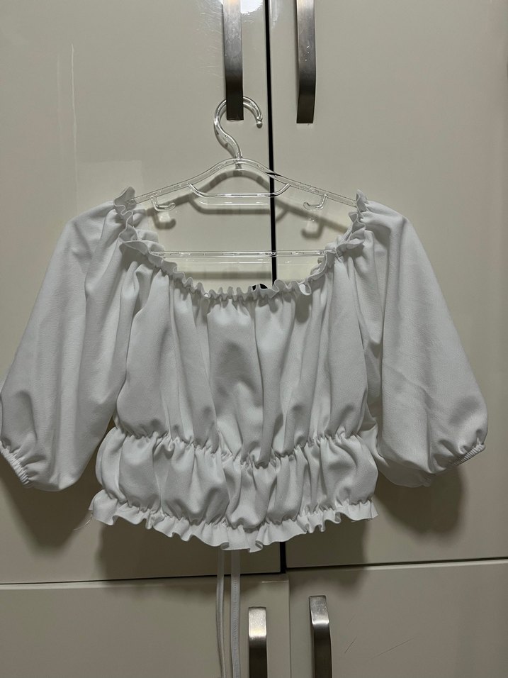 Kadın Beyaz Kısa Keten Bluz - Görsel 2