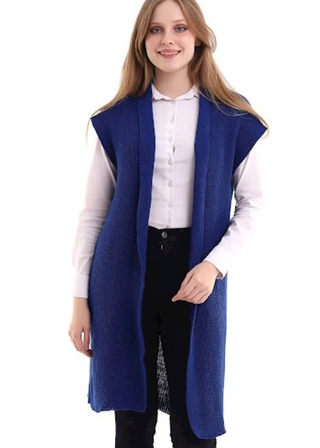 Mavi Örgü Kolsuz Midi Hırka - Görsel 3