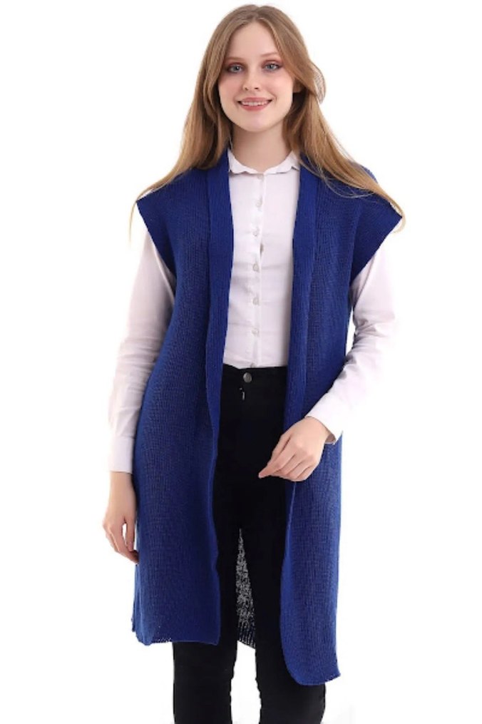 Mavi Örgü Kolsuz Midi Hırka - Görsel 3