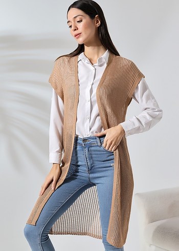 Bej Uzun Triko Hırka - Görsel 3