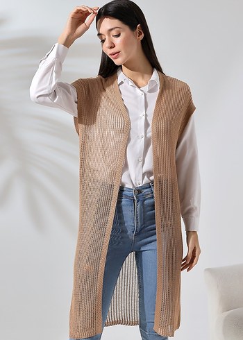 Bej Uzun Triko Hırka - Görsel 2