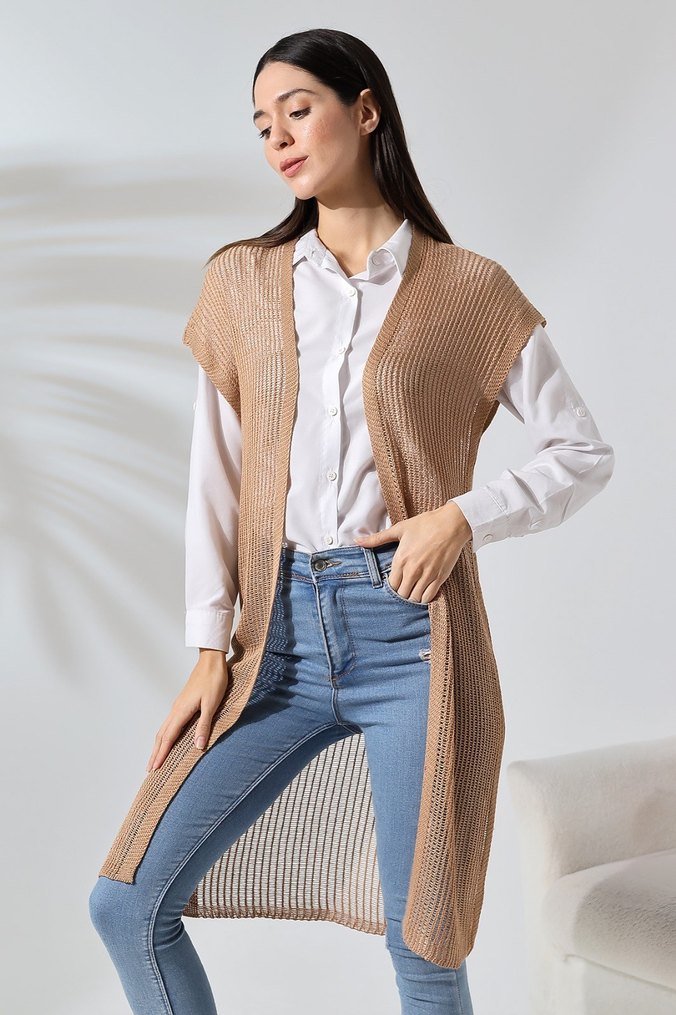 Bej Uzun Triko Hırka - Görsel 3