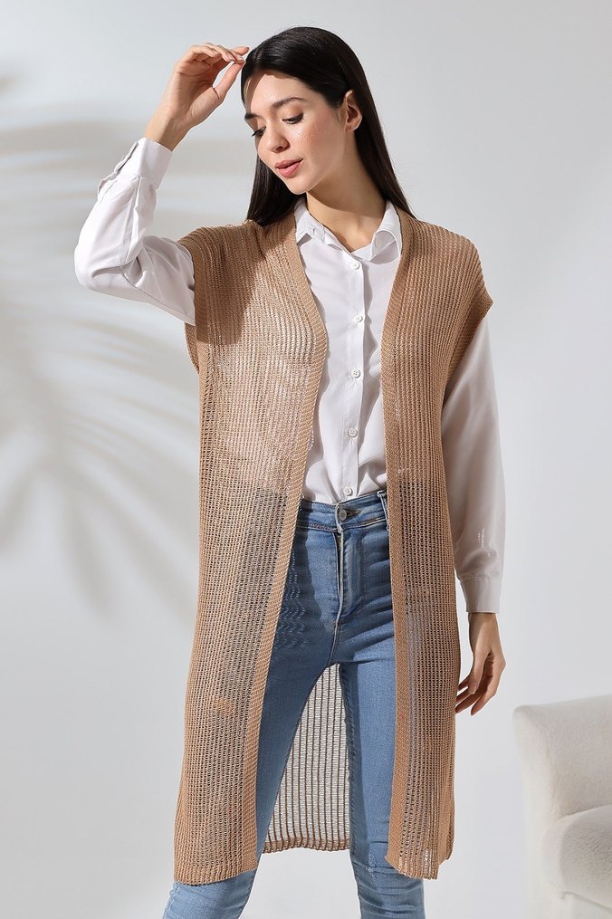 Bej Uzun Triko Hırka - Görsel 2