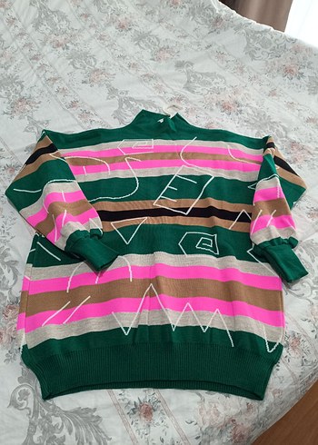 Çok Renkli Boğazlı Örgü Kadın Salaş Kazak - Görsel 3