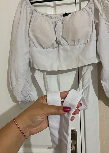Beyaz Keten Straplez Midi Bluz - Görsel 2