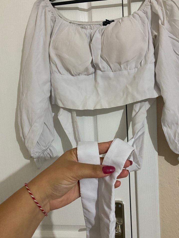 Beyaz Keten Straplez Midi Bluz - Görsel 2