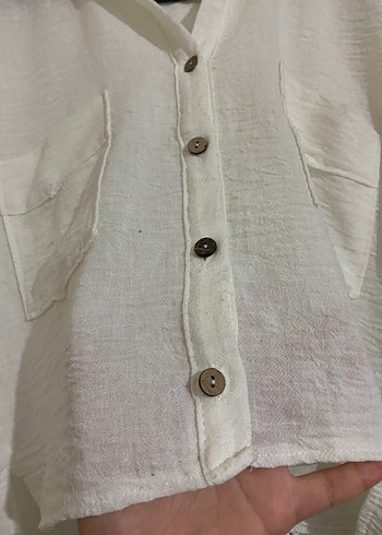 Düğmeli Beyaz Keten Kadın Gömlek - Görsel 2