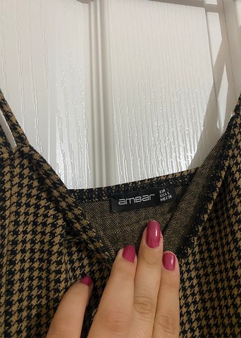 Kahverengi Kareli Mini Askılı Elbise - Görsel 4