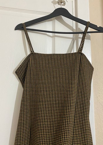 Kahverengi Kareli Mini Askılı Elbise - Görsel 3