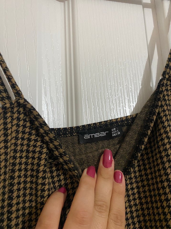 Kahverengi Kareli Mini Askılı Elbise - Görsel 4