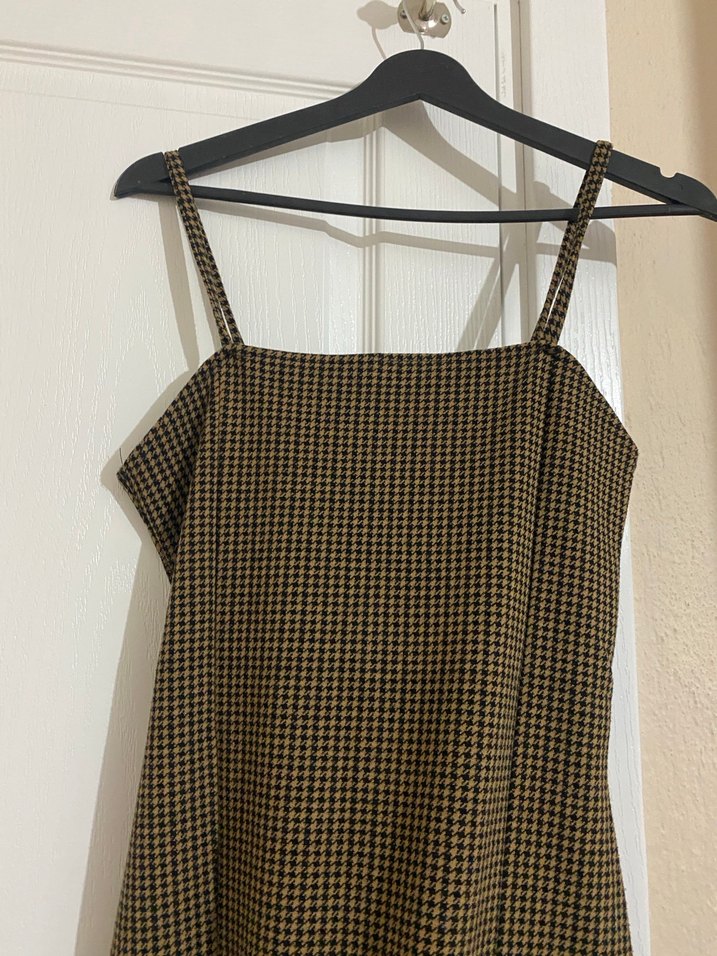 Kahverengi Kareli Mini Askılı Elbise - Görsel 3