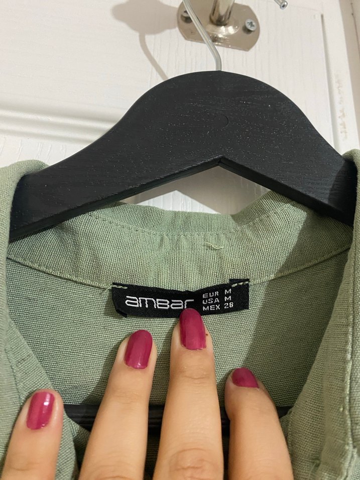 Düğmeli Keten Kısa Kollu Haki Gömlek - Görsel 4