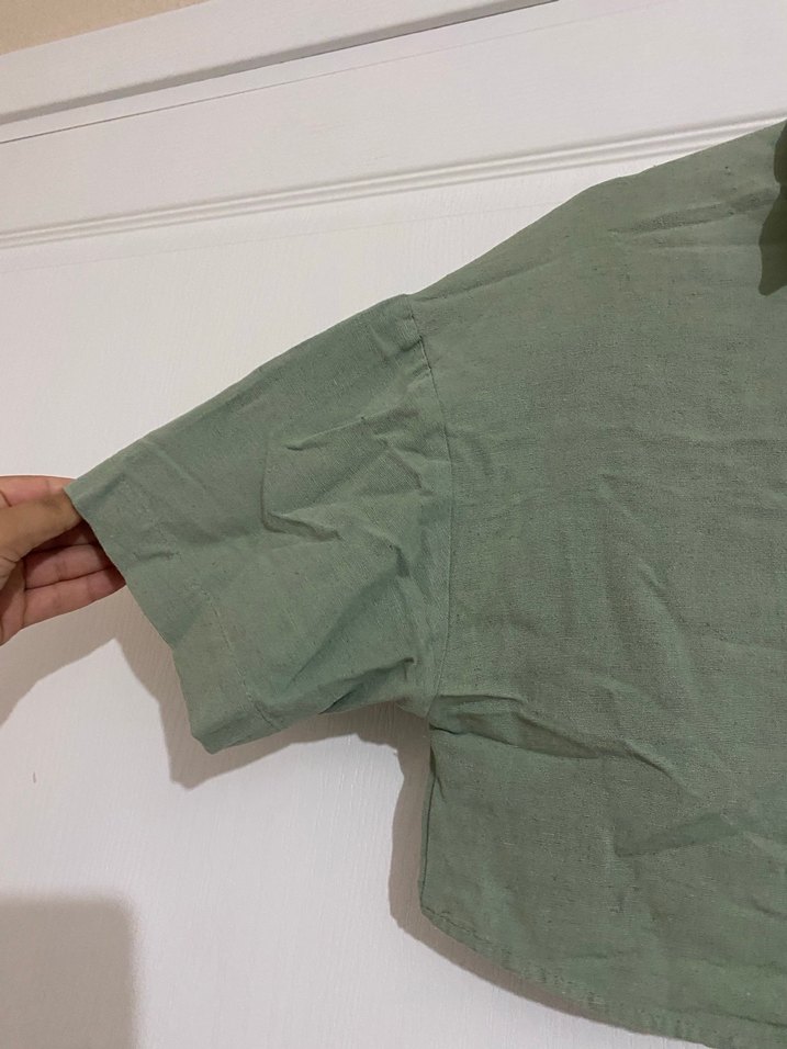 Düğmeli Keten Kısa Kollu Haki Gömlek - Görsel 3