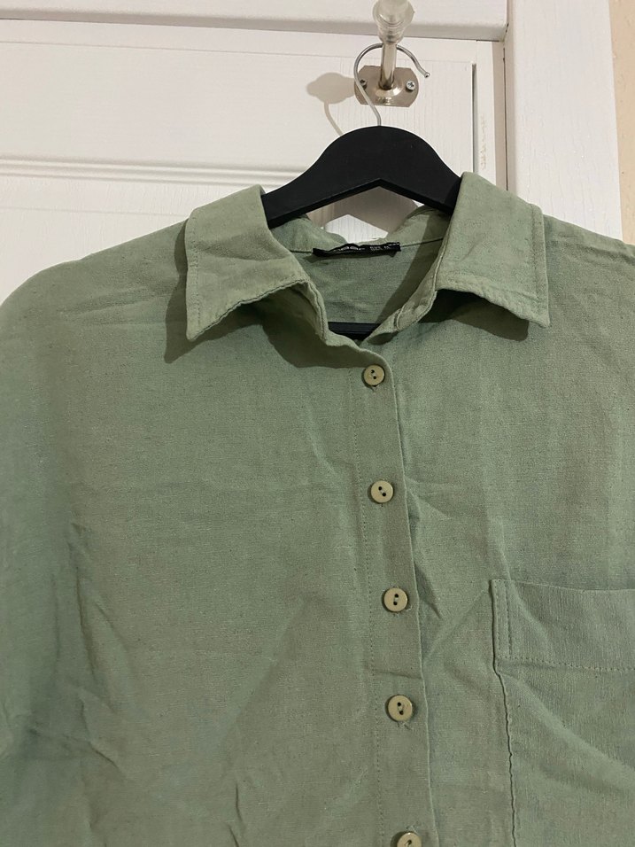 Düğmeli Keten Kısa Kollu Haki Gömlek - Görsel 2
