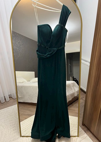 Diğer Zümrüt yeşili Uzun Drapeli V Yaka Gece Elbisesi