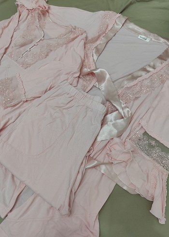 Pembe Nakış Detaylı Uzun Kollu Kadın Gecelik lohusa takım - Görsel 3