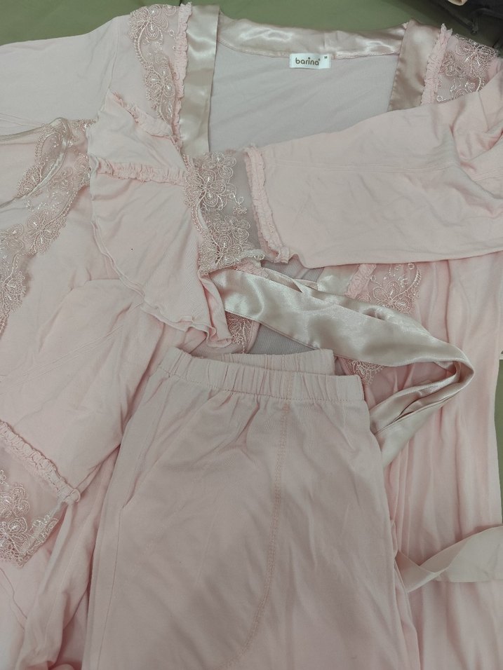 Pembe Nakış Detaylı Uzun Kollu Kadın Gecelik lohusa takım - Görsel 5