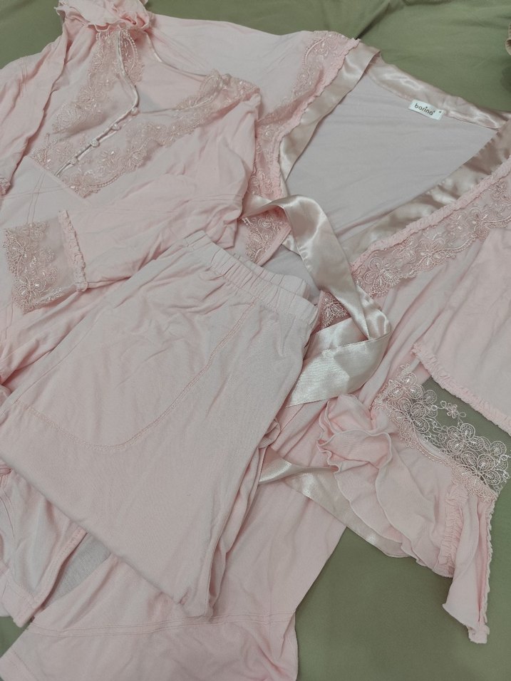 Pembe Nakış Detaylı Uzun Kollu Kadın Gecelik lohusa takım - Görsel 3