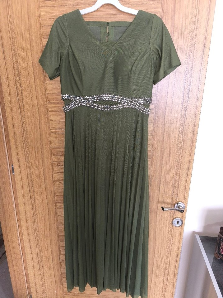 Kadın V Yaka Pileli Uzun Abiye i Elbise - Görsel 3