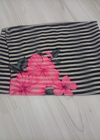 Pembe Çiçekli Gri Çizgili Bohem deniz şalı -pareo - Görsel 3