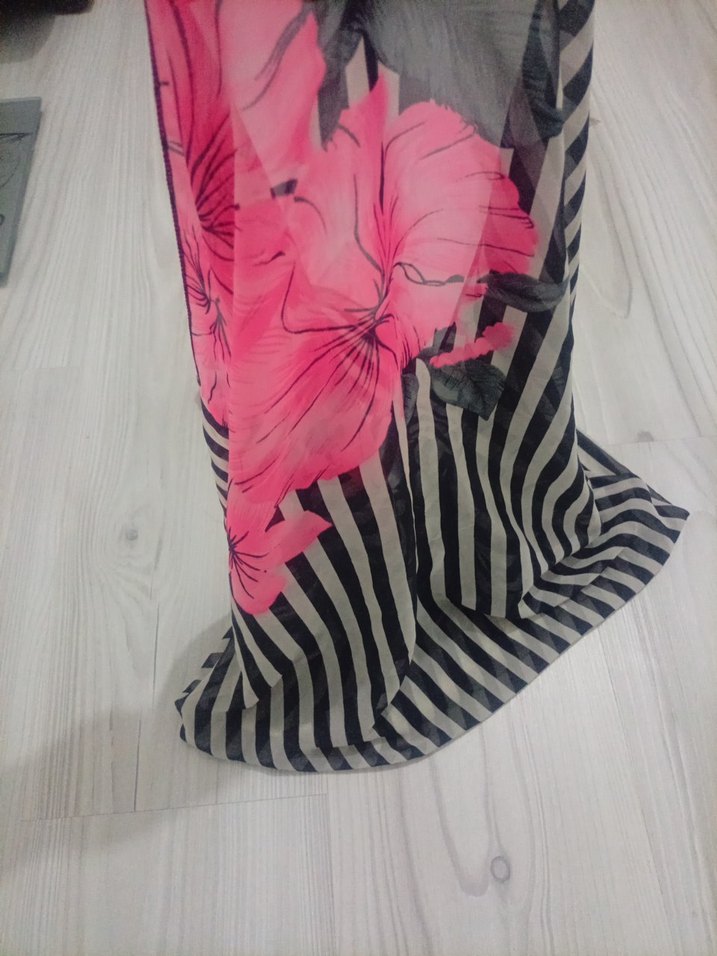 Pembe Çiçekli Gri Çizgili Bohem deniz şalı -pareo - Görsel 2