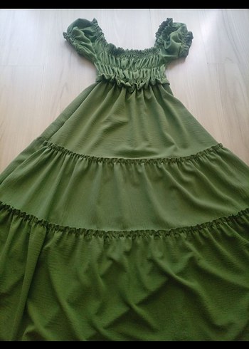 fırfırlı üst kısmı lastikli düşük kol Maxi elbise - Görsel 3