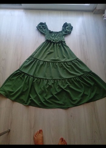 fırfırlı üst kısmı lastikli düşük kol Maxi elbise - Görsel 2