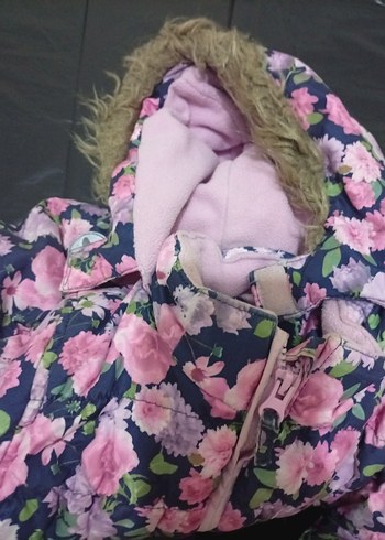 Kız Çocuk Çiçek Desenli Kürklü Mont - Görsel 6