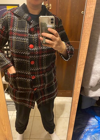 Gri Ekose Desenli Düğmeli Kadın Kaban - Görsel 4