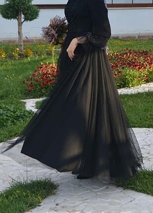 SETRMS siyah tül taş detaylı abiye elbise tesettür