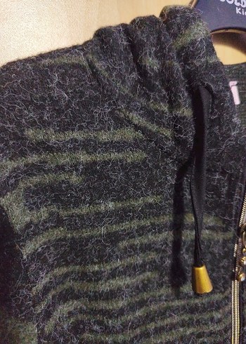 Gri Kapüşonlu Uzun Örme kiz Ceket - Görsel 5