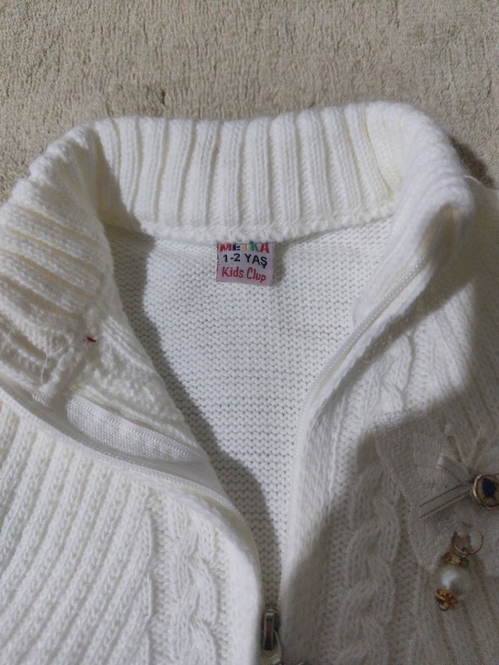 Kız Çocuk Beyaz Triko Fermuarlı Hırka - Görsel 4