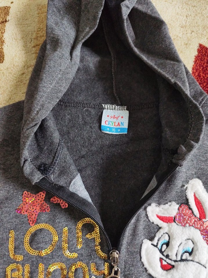Kız Çocuk Gri Kapüşonlu Fermuarlı Sweatshirt - Görsel 4