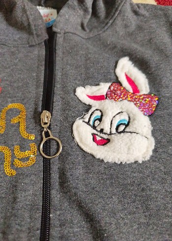 Gri Kapüşonlu Nakışlı Kız Sweatshirt - Görsel 5