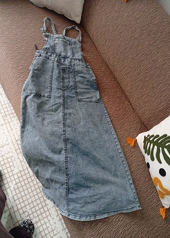 Gri Bol Kesim Uzun Kadın Denim Salopet - Görsel 3