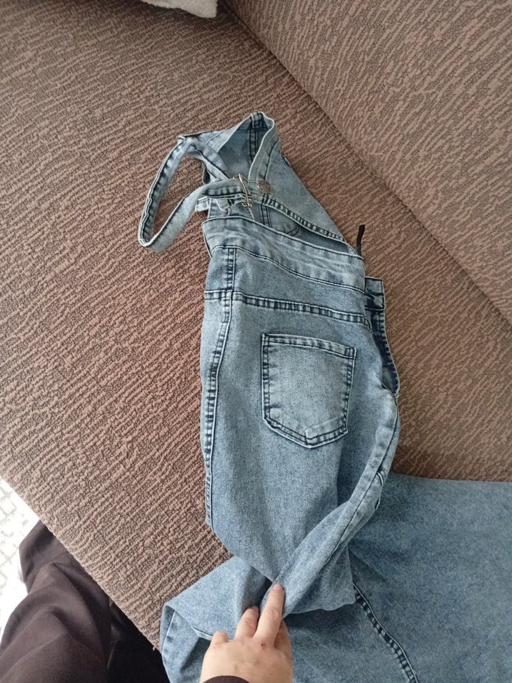 Gri Bol Kesim Uzun Kadın Denim Salopet - Görsel 2