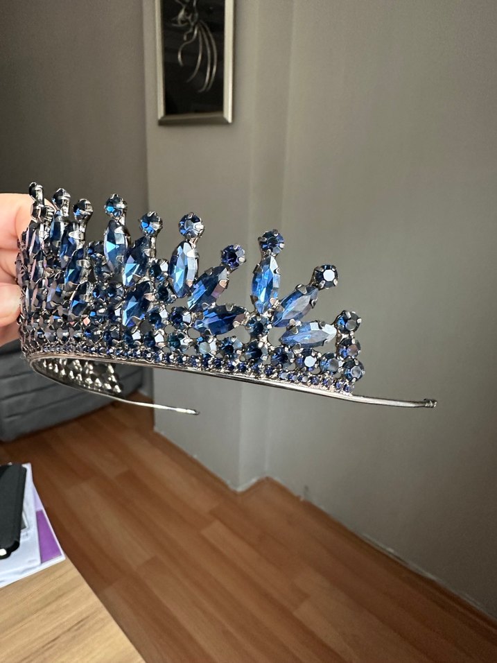 Koyu Mavi Parlak Taşlı Metal Gelin Tacı kına - Görsel 4