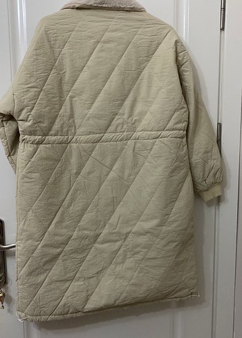 Bej Kadın Midi Kaban, Kürk Detaylı, Rahat Kesim - Görsel 3