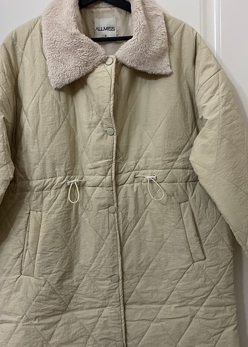 Bej Kadın Midi Kaban, Kürk Detaylı, Rahat Kesim - Görsel 2