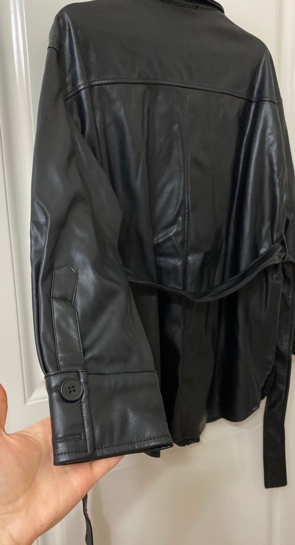Siyah Deri Midi Ceket Düğmeli - Görsel 3