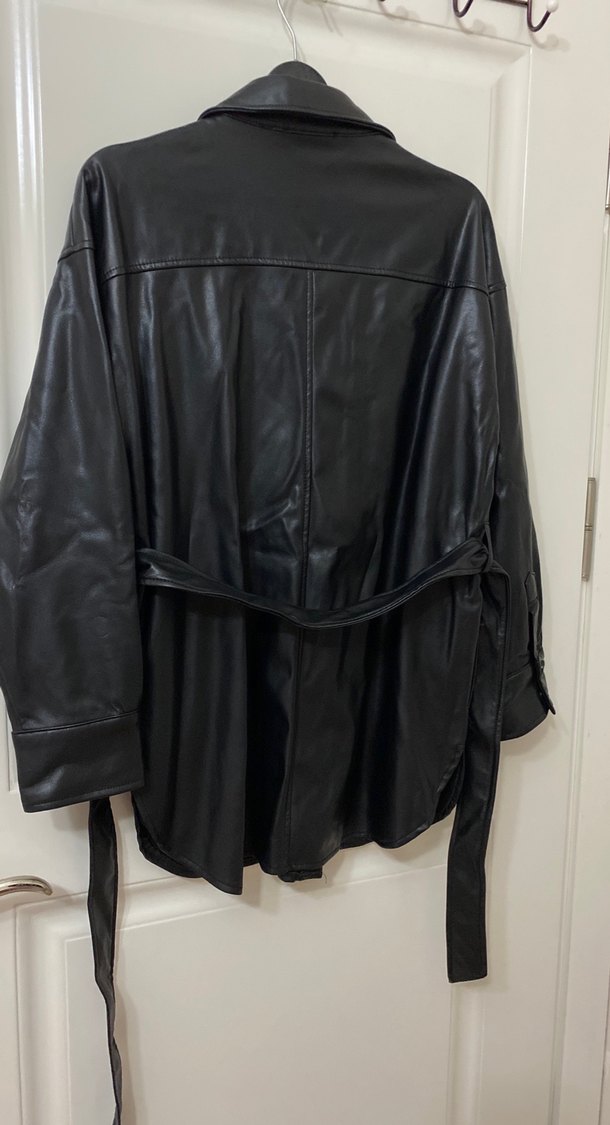 Siyah Deri Midi Ceket Düğmeli - Görsel 2