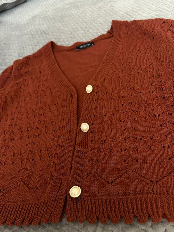 Bohem Tarz Uzun Kollu kiremit Örgü Hırka - Görsel 2