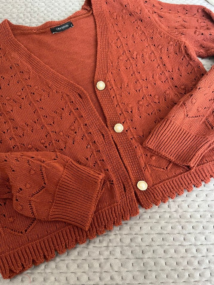 Bohem Tarz Uzun Kollu kiremit Örgü Hırka - Görsel 3