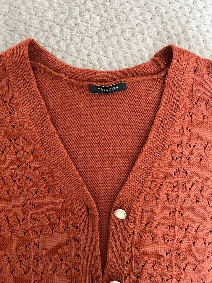 Bohem Tarz Uzun Kollu kiremit Örgü Hırka - Görsel 5