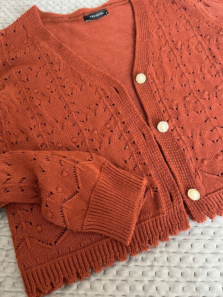 Bohem Tarz Uzun Kollu kiremit Örgü Hırka - Görsel 4