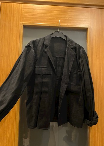 Oversize Düğmeli Siyah Keten Kadın Gömlek