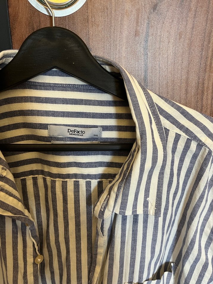 Mavi Çizgili Keten Kısa Kollu Erkek Gömlek - Görsel 2